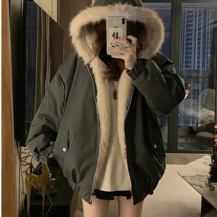 على الوجهين معطف الفرو الدافئ الخريف الشتاء فضفاض رشاقته أفخم القطن معطف 2025 جديد إمرأة مقنعين تقليد فرو المنك أبلى #4