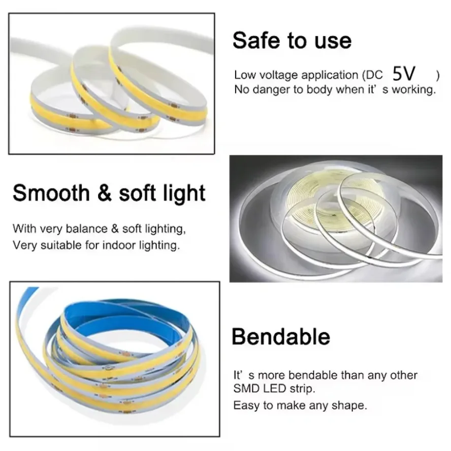 5V USB COB Lamp Strip 320LEDs/M White/Red/Pink/Ice Blue/Yellow Cabinet Light Lamp TV Backlight Flexible Ribbon Rope LED Strip