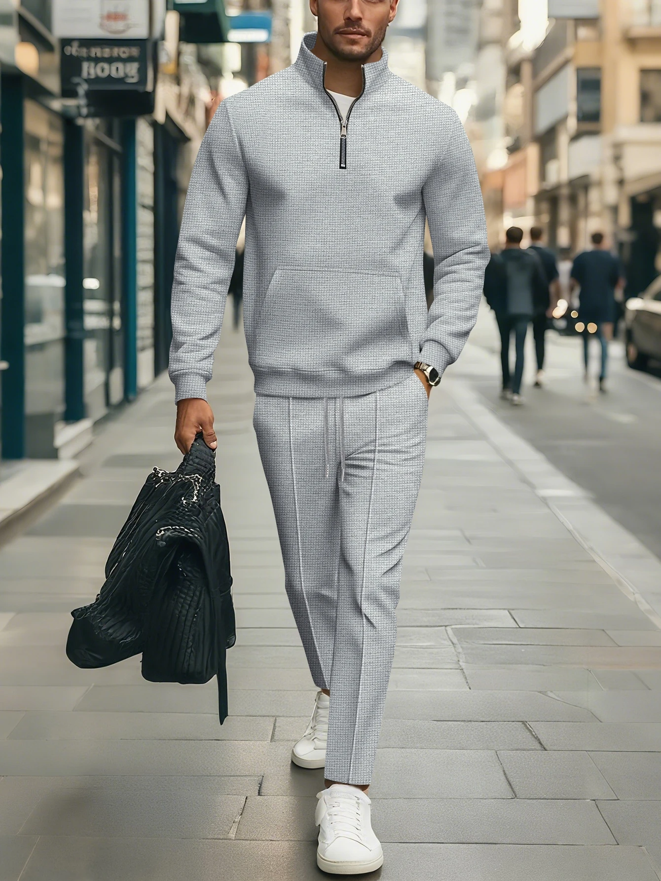 

Hot Sale Men's Casual 2 Piece Set Waffle Texture Half Zip Sweatshirt & Pants for Street Style & Daily Wear