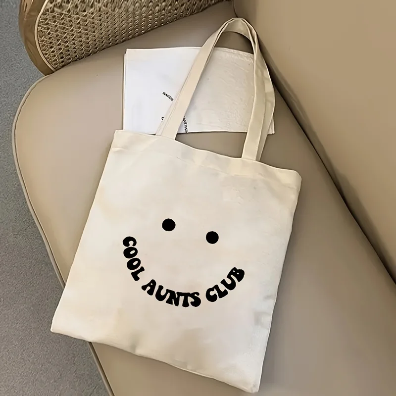 Cartoon Smiley Face Pattern Tote Bag, Lightweight and Foldable, Machine Washable, with Letter and Cartoon Prints, Fade-Resistant, Suitable for Women's Vacation and Beach Gifts