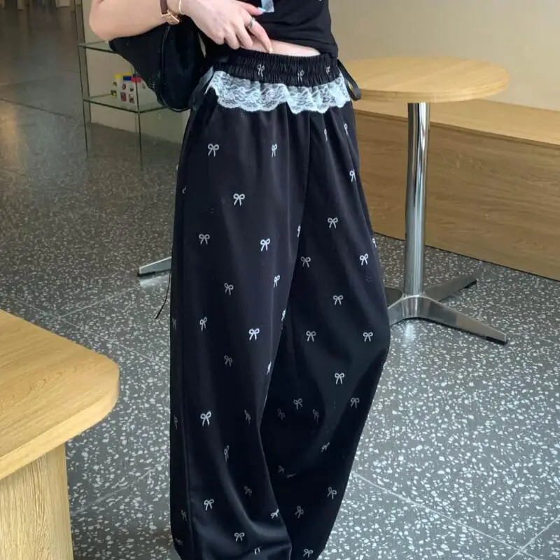 Süße Heiße Mädchen Lesben Patchwork Casual Hosen Bowknot Hosen frauen Frühling Sommer Elastische Taille Breite Bein Hosen Gerade Hosen