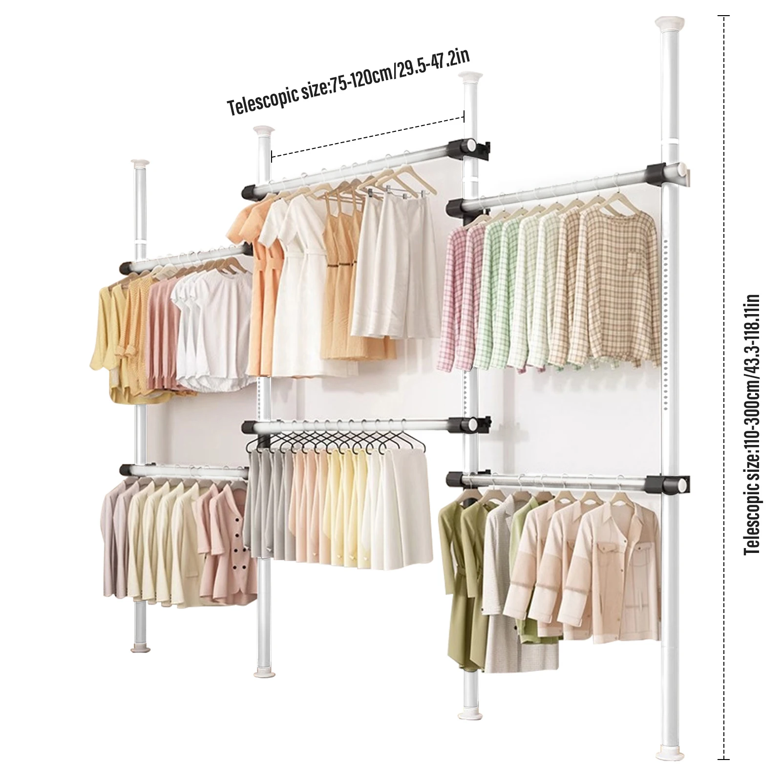 Teleskopische Kleiderstange, Stehende und ausziehbare Kleiderstange, Erweiterbares begehbares Kleiderschranksystem, Wandmontierte Metall-Kleiderständer-Organizer für Boutique, Apartment, Zuhause – Detail 2