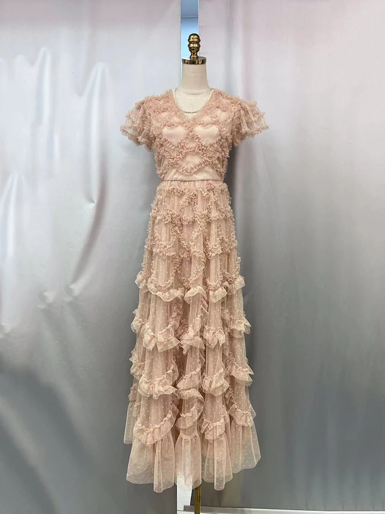CHICEVER-vestidos con volantes empalmados para mujer, vestido largo de fiesta con cuello en V, manga corta, cintura alta, retazos y cremallera