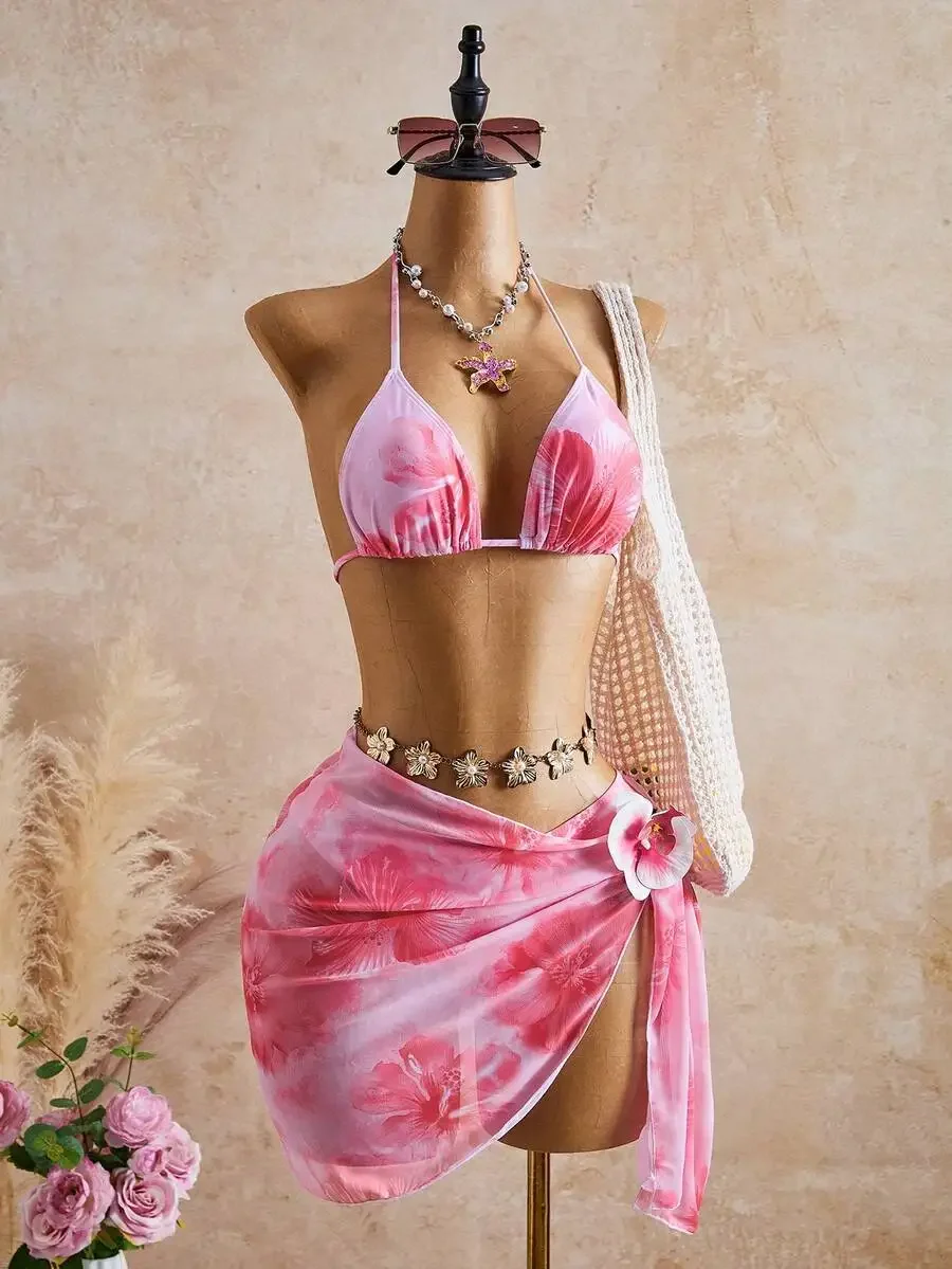 Pink Floral Print Triangle Bikini Set With Beach Skirt Wrap