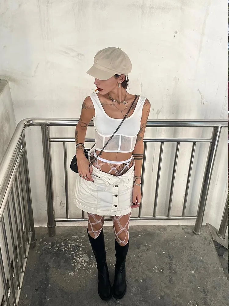American style niche girl fish bone sticker mesh splicing pure desire vest spicy girl little top
