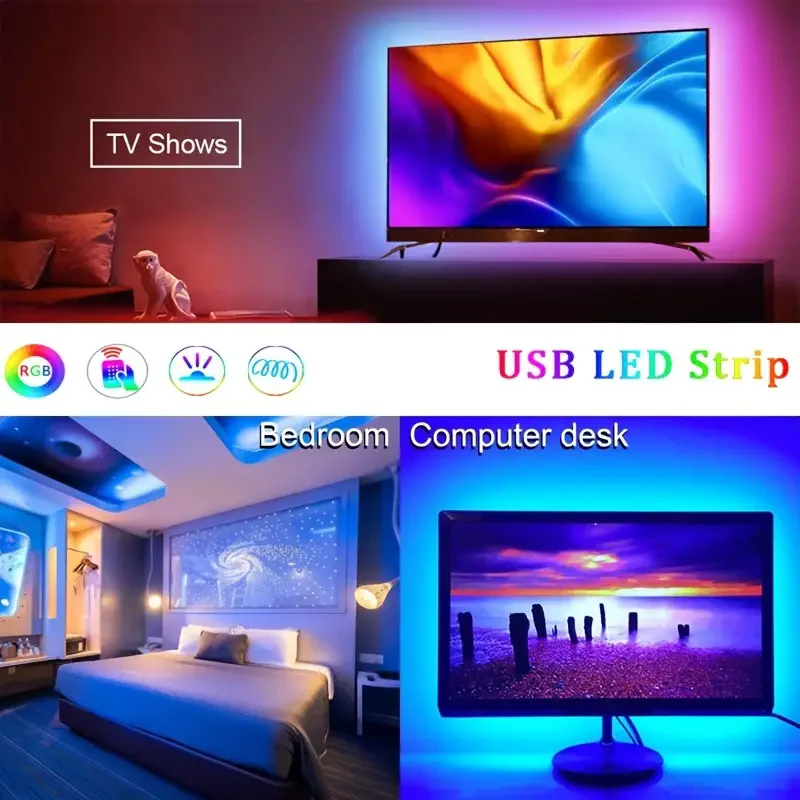 10M/15M/20M USB LED Strip Light 2835 RGB Remote Control Flexible Lamp Tape Lights Ribbon TV Desktop Screen BackLight Diode