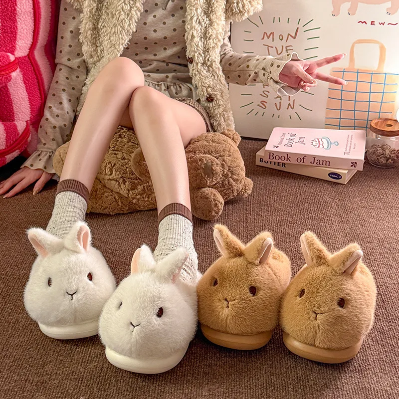 Cute Rabbit Plush Slippers for Women Fluffy Furry Open Back Home Slippers Cartoon Animal Warm Winter Indoor House Shoes