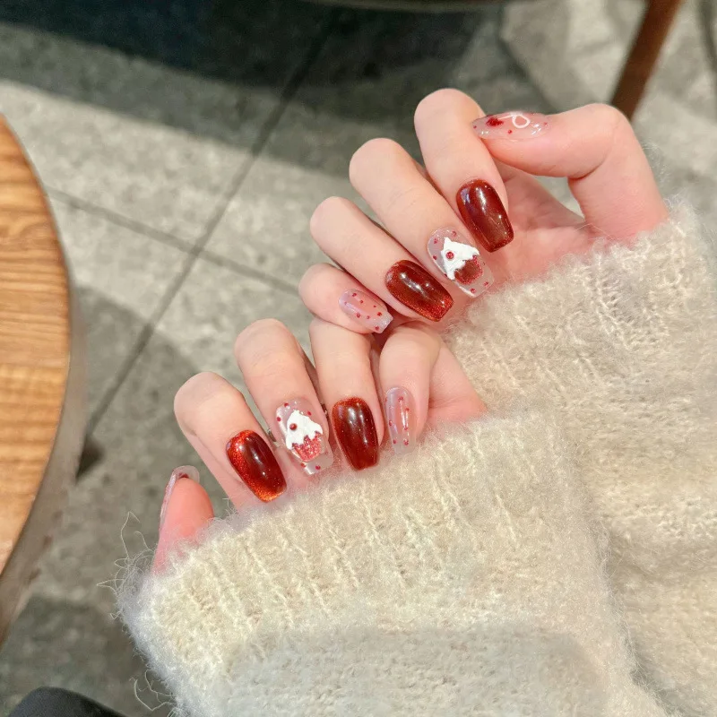 

2026 New Simple Heart Bow Strawberry Cake Handmade Gradient Cat Eye Nail Art