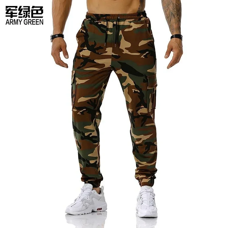 Calça Masculina com Cordão Camuflagem Cargo, Casual, Esporte, Corrida, Streetwear, Moda, Alta Qualidade