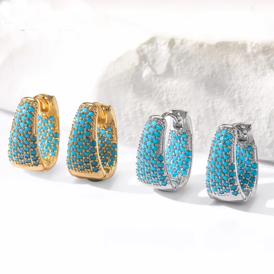 ZAKOL New Blue Turquoise Chunky U-shaped Hoop Earring for Women Flower Ear Accessories Fashion Cute Party Jewelry Gifts