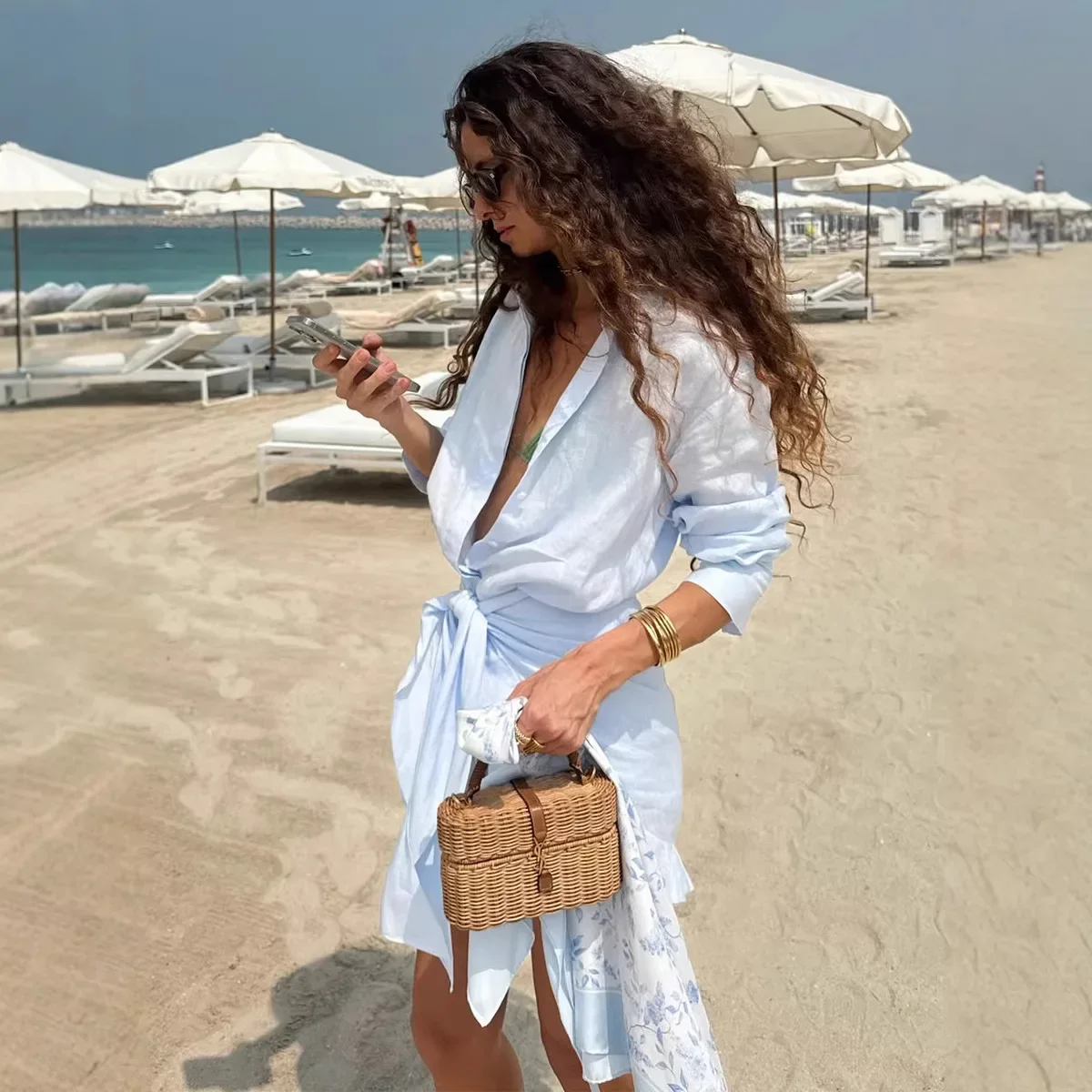 Shirt Dress Europe and America 2026 New Summer Style Holiday Lazy Solid Color Tie Lapel Hip Shirt Dress