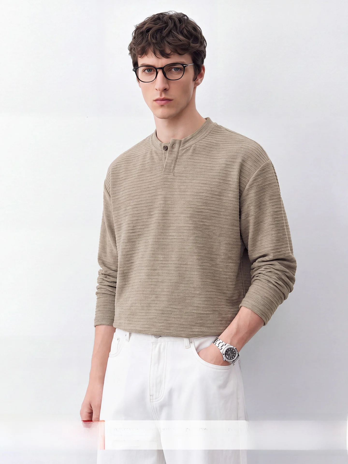 Retro Henry Collar Long Sleeve T-Shirt Men's Preppy Style Commute Top Textured Horizontal Weave Luxury Polyester Fiber
