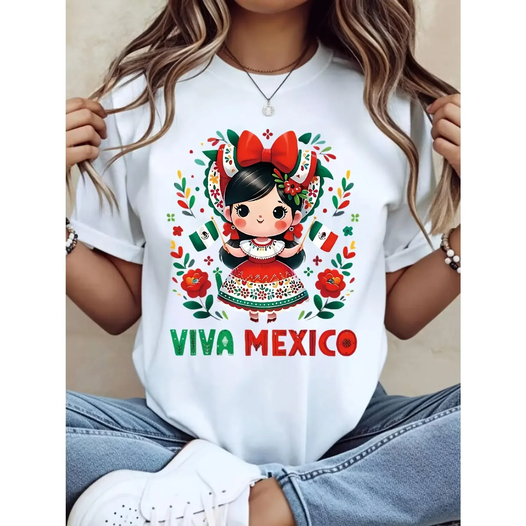 Women's Viva Mexico Graphic Oversized Round Neck Tee - 100% High-Grade Cotton, Breathable Heavyweight Essential, Casual Loose-Fitting Summer Top, Mexican Heritage Gift, 3XL, Machine Washable, Hang Dry, No Bleach,sohochic