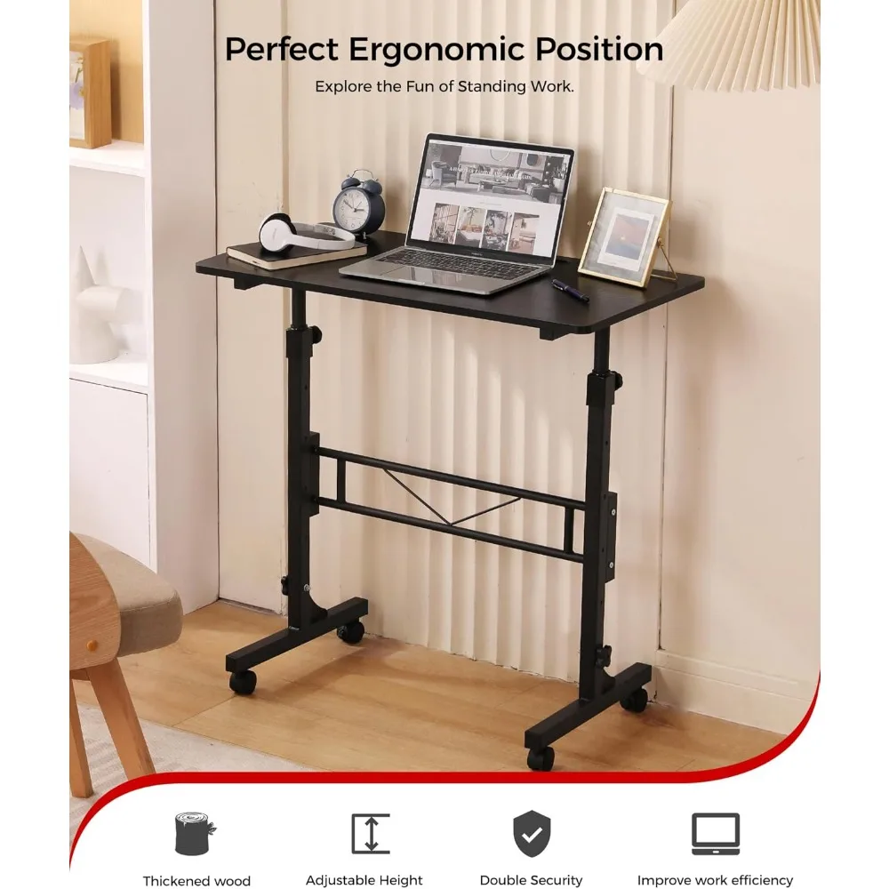Adjustable Height Standing Desk on Wheels - Compact Mobile Laptop Desk for Portable Home or Office Use - Black