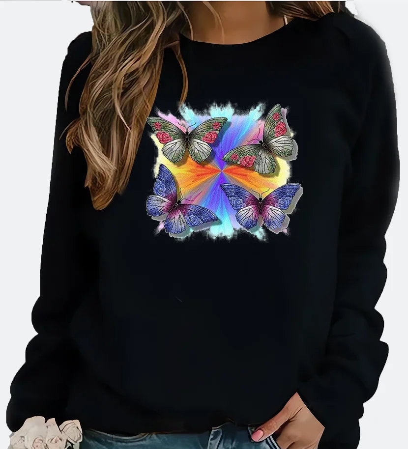 

New Women's Hoodie European Four Butterflies Printed Crew-neck Hoodie Sweatshirt Streetwear Women Aesthetic