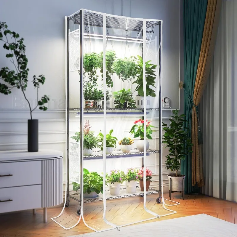 Indoor Greenhouse with Grow Light, 4-Tier Metal Plant Stand with Zippered EVA Cover and Wheels, Dimmable LED Full Spectrum