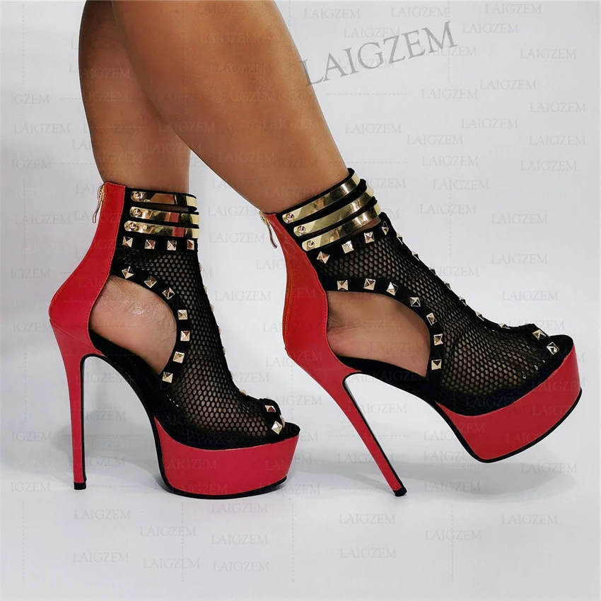 ZHIMA Women Platform Sandals Peep Toe Thin High Heels Sandals Pumps Studded Back Zip Up Ladies Shoes Woman Big Size 41 43 48 52