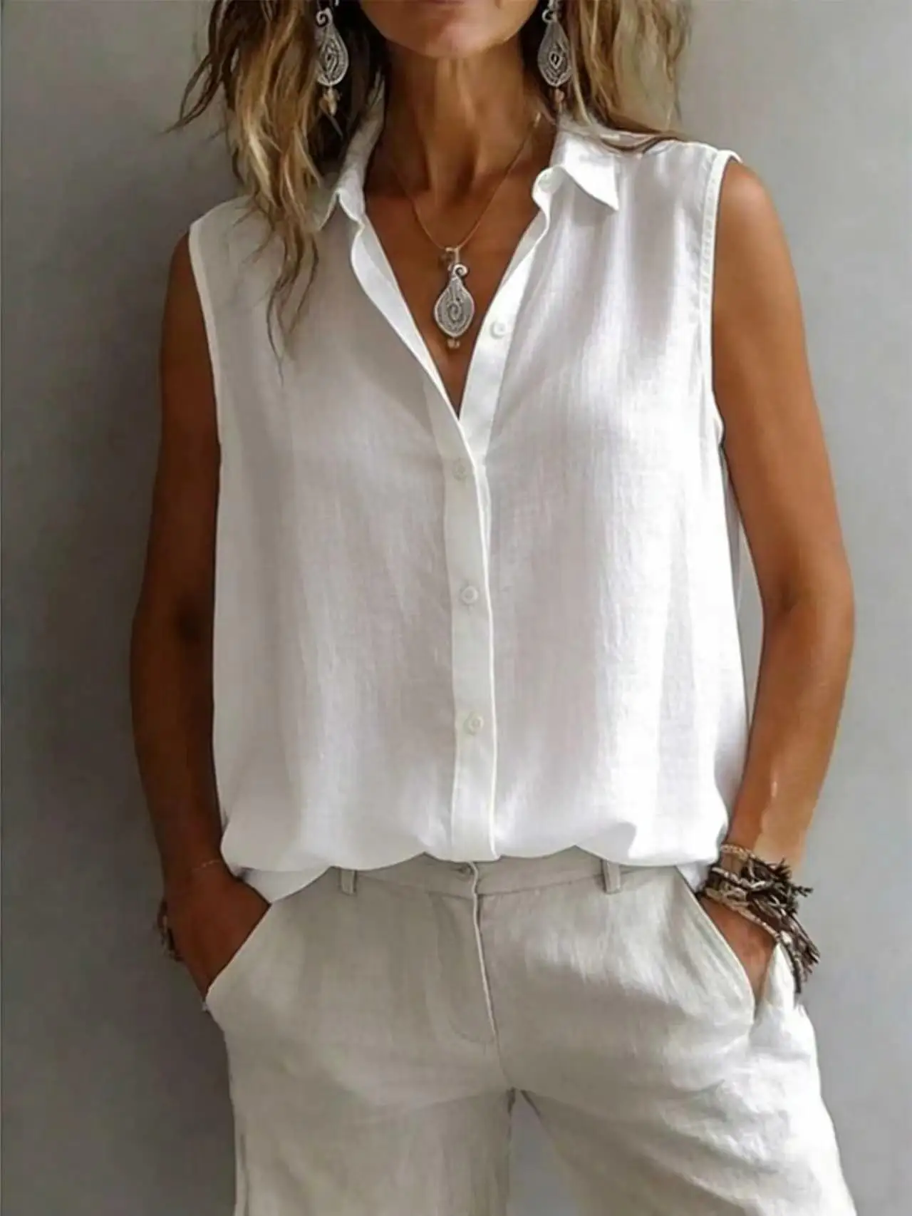 Women Sleeveless Shirt Turn‑Down Collar Button‑Front Loose Linen‑Like Casual Blouse Vest Top