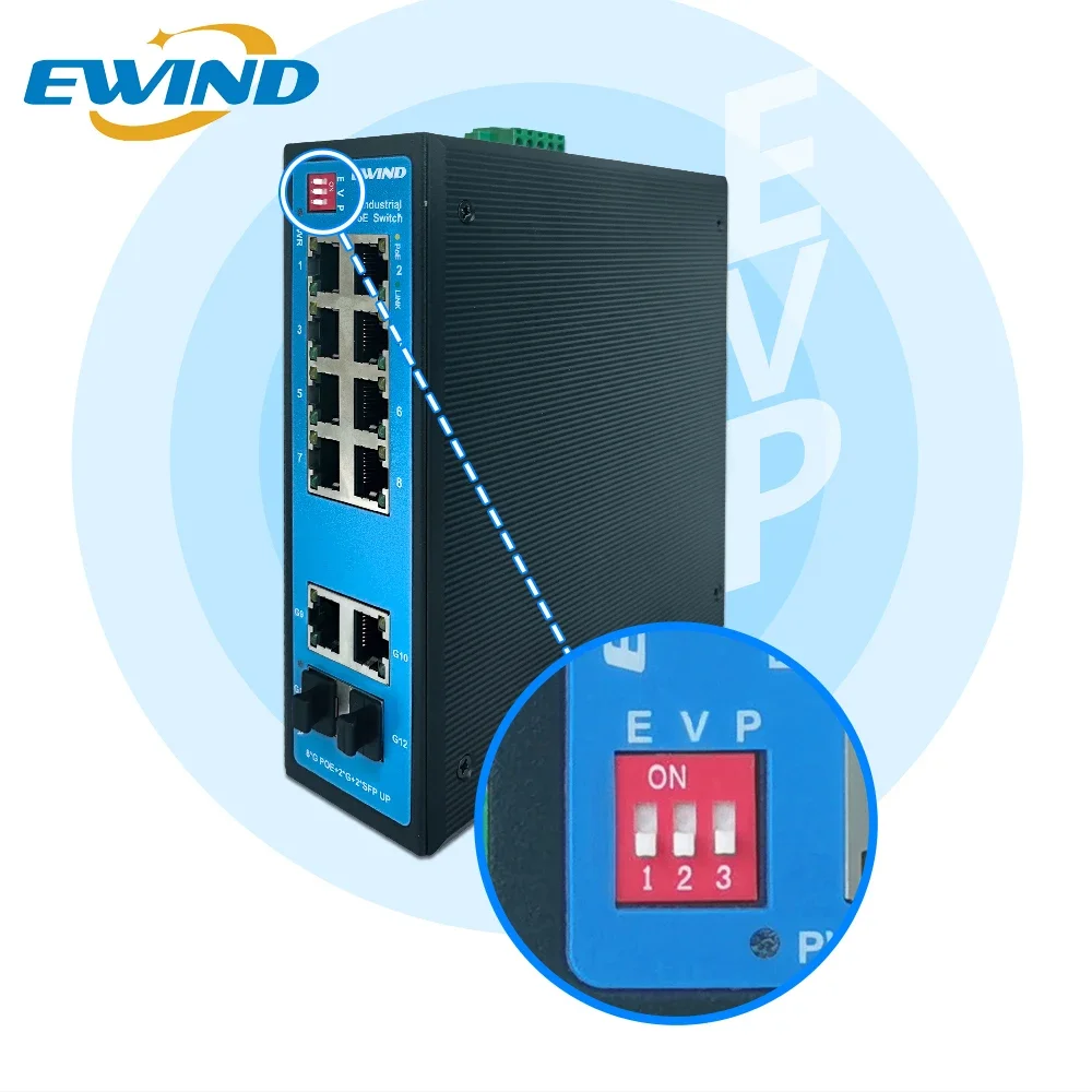 EWIND Industrial POE Switch 10 Ports Gigabit Uplink Managed Network Switch Ethernet with 4 SFP Fiber Ports IP40 Network Switch