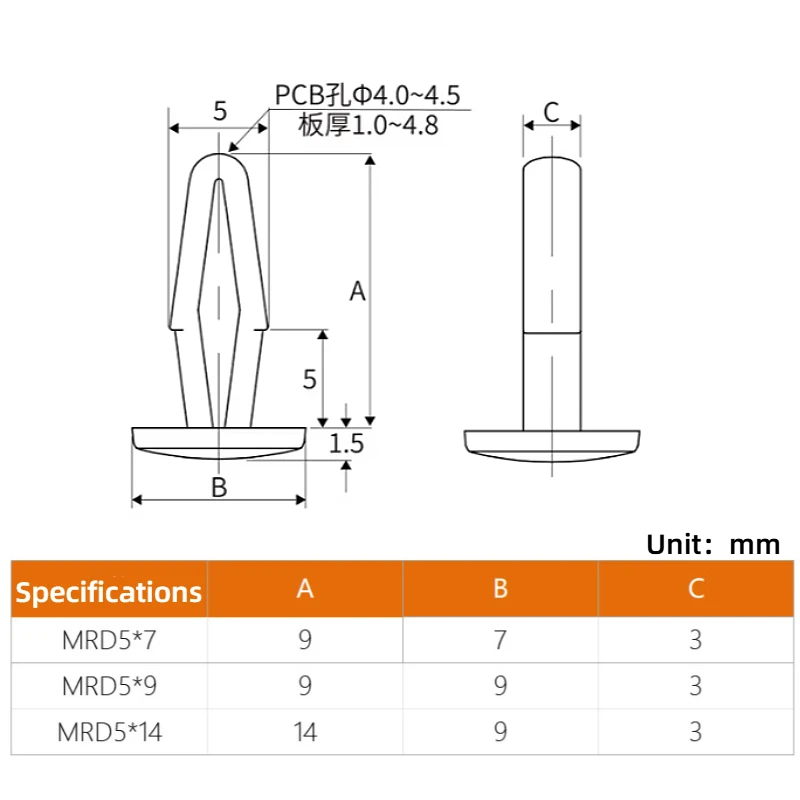 MRD Series M5 Transparent PC Plastic LED Mounting Rivets Ballet Rivet Car Clips PC Board Through-Hole Automotive Snap-fit Rivet