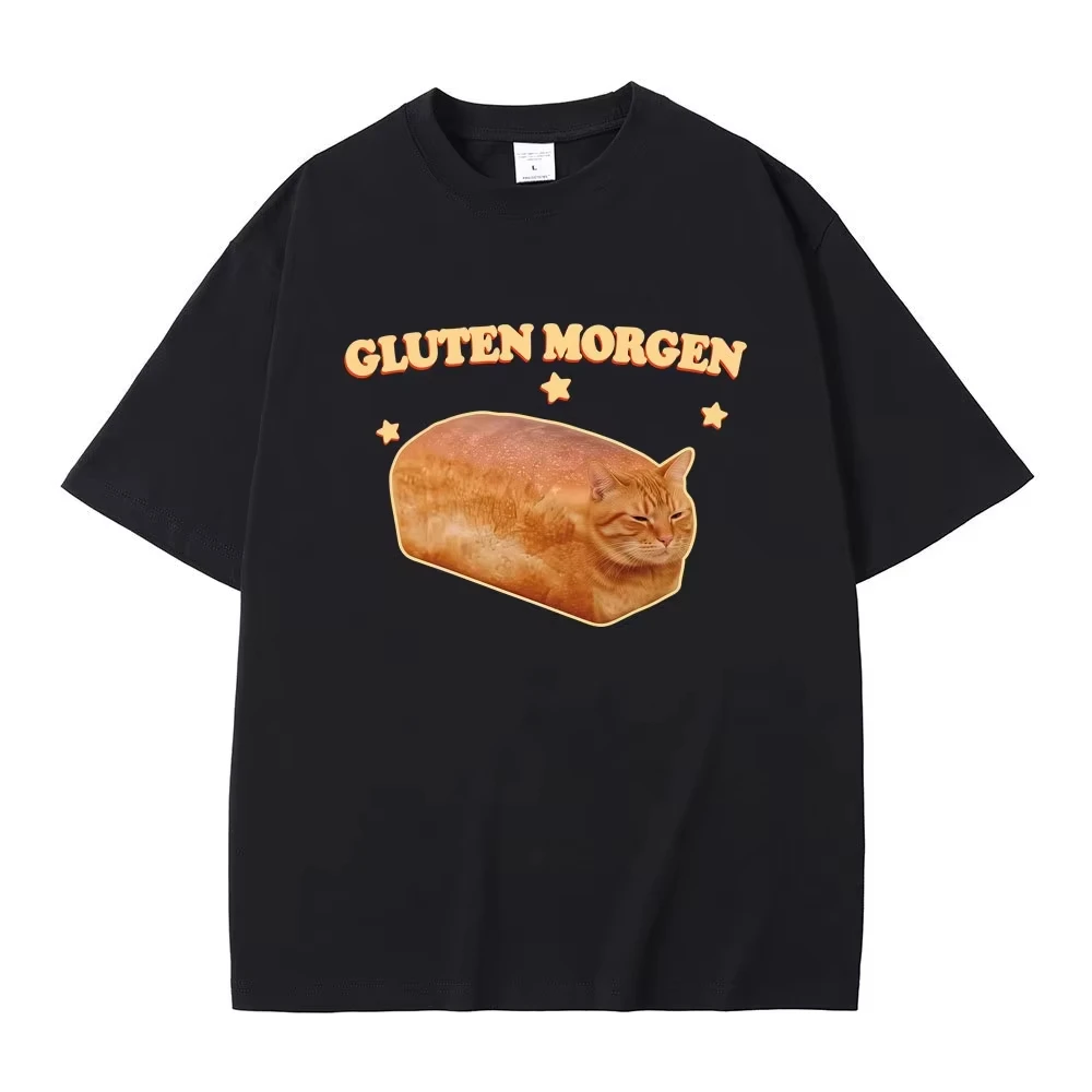 Gluten Morgen Funny Cat Meme T-shirt Silly Cats T Shirts Men Women Casual Humor Tee Shirt Male Vintage Cotton Oversized T-shirts