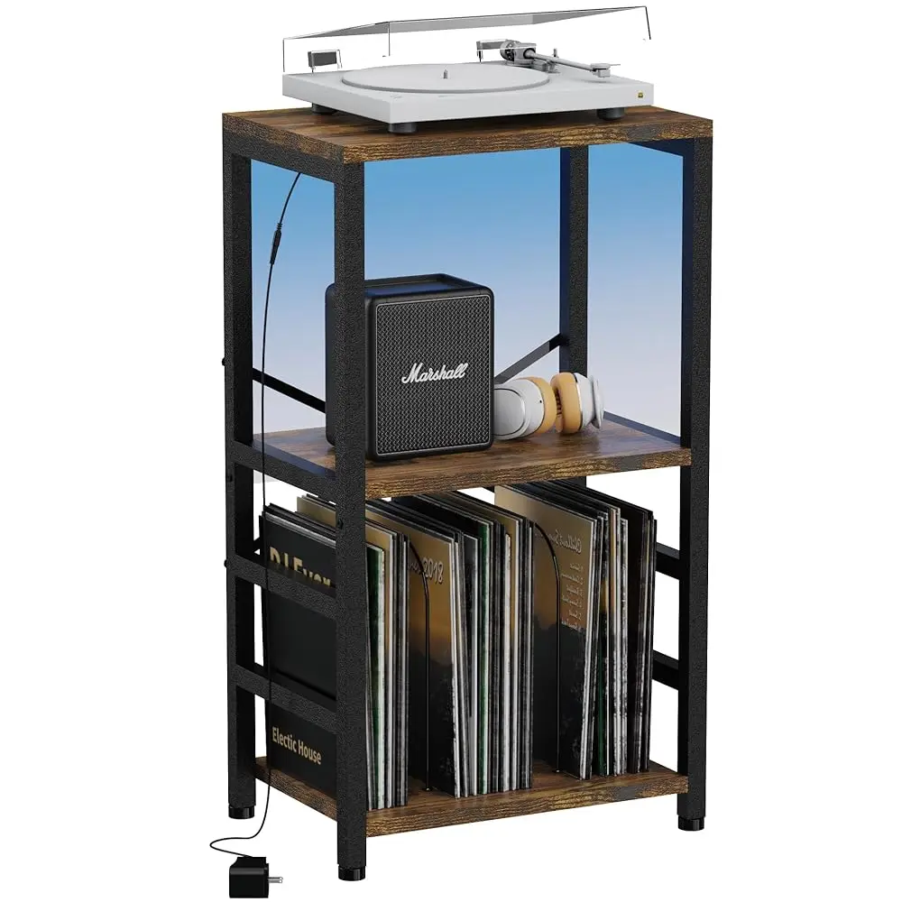 

End Table With Led Light,Record Player Stand With Albums Storage,Vinyl Records Storage,Turntable Stand Side Table For Music