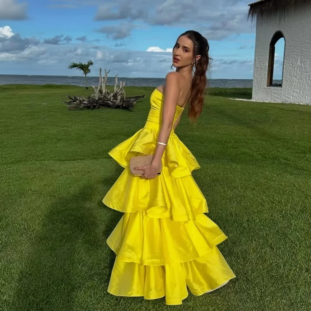 Yellow Evening Gown Strapless Sleeveless Prom Dress A Line Wedding Evening Dress Multilayered  Customized formal vestido