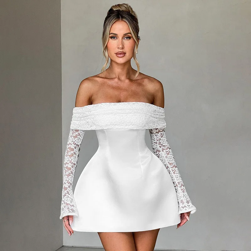 

2025 Elegant Women's Mini Dress Lace Party Dress Backless slash neck Long Sleeve A-line High Waist Sexy Evening Dresses N1223-2