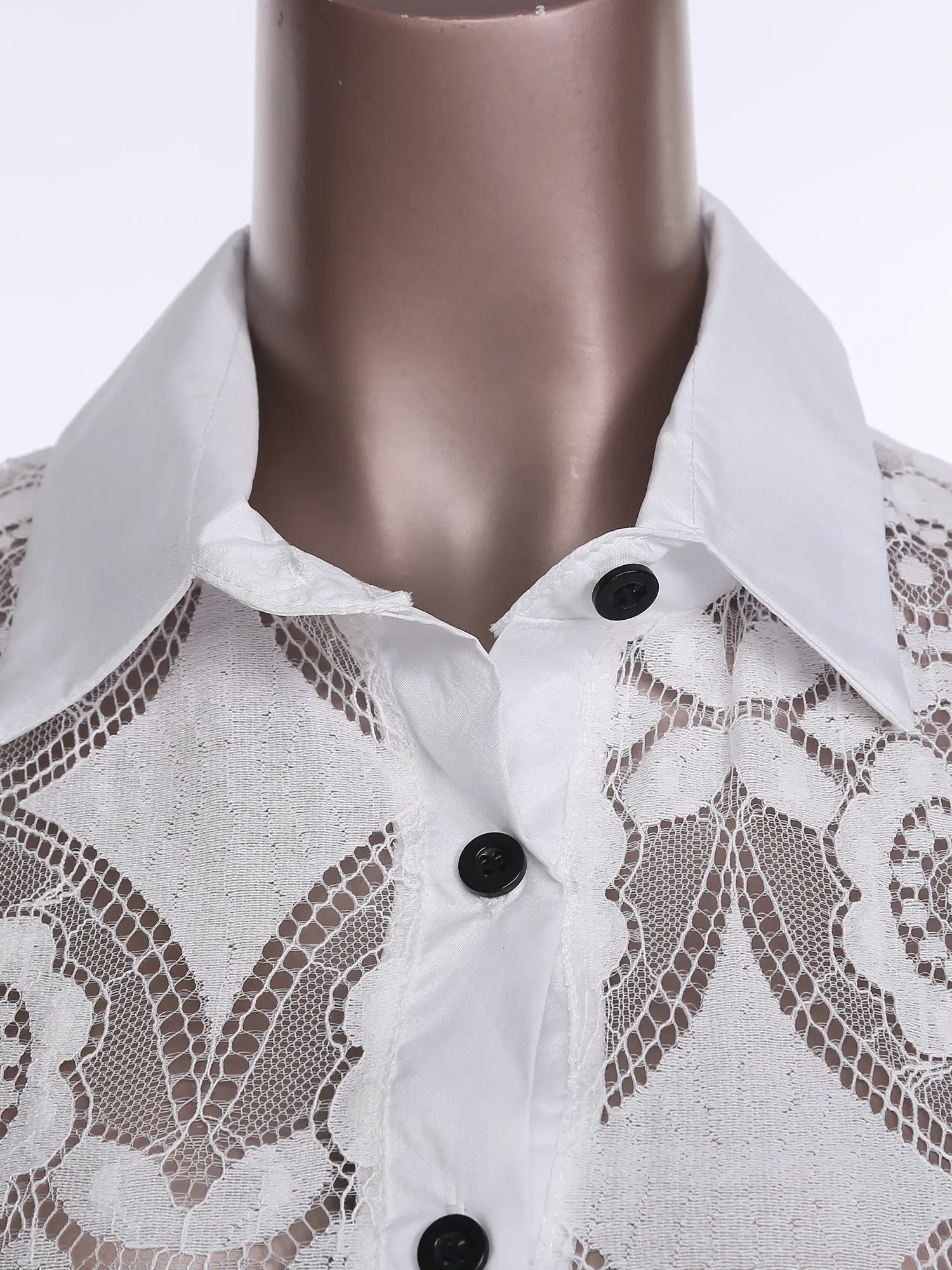 เสื้อเชิ้ตผู้หญิงผ้าลูกไม้ซีทรู แขนยาว ปกเสื้อเชิ้ต แต่งลูกไม้กิปัวร์ ติดกระดุม สไตล์โบฮีเมียน เสื้อคลุมตัวยาว เสื้อเบลาส์ เสื้อผ้าสุภาพสตรี