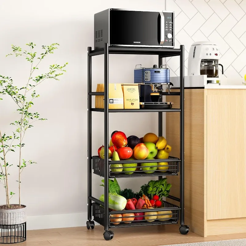 

Kitchen Microwave Stand Shelf - 4 Tiers Metal Bakers Rack with Casters, Coffee Bar Station with Storage, Black