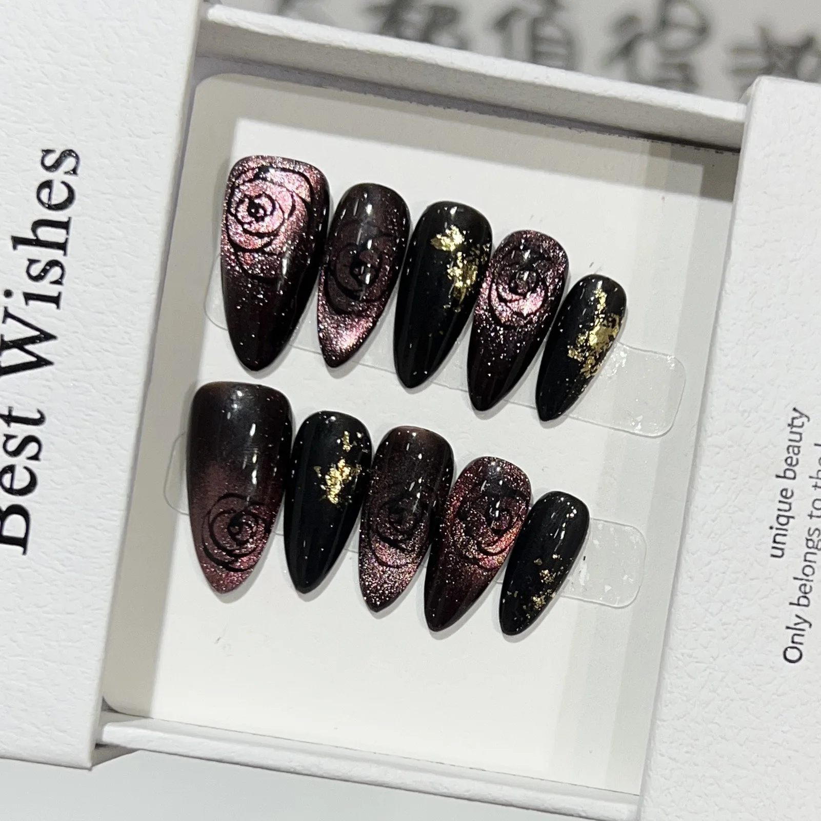 10pcs Handmade Press On Nails Dynamic Rose Flower Cat's Eye False Nails Shiny Gradient Black Sweet Cool Almond Fake Nail Tips