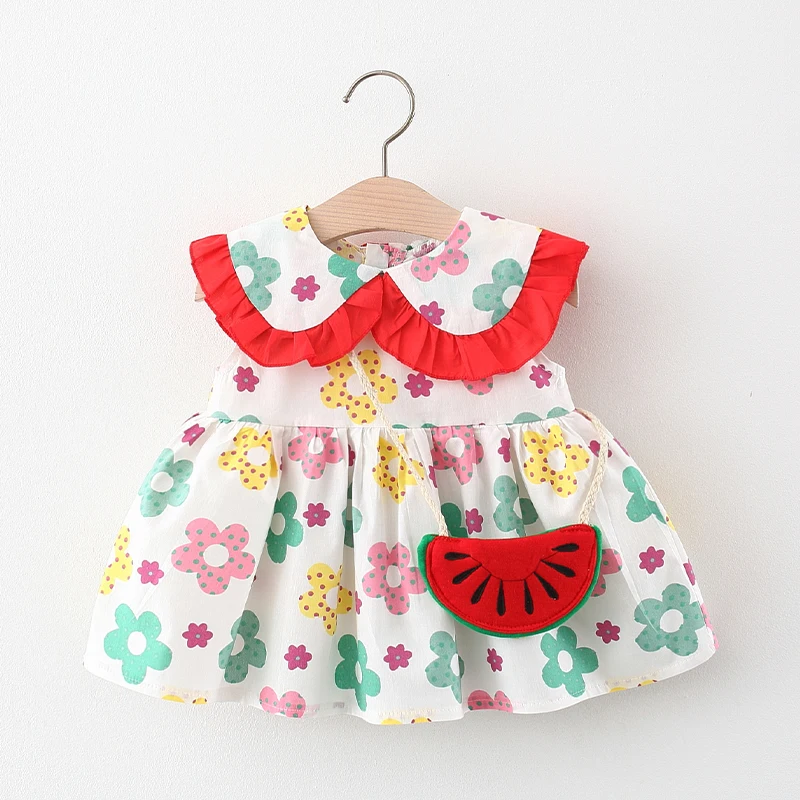 Children\'S Set Cute Flower Sleeveless Doll Collar Dress Bag Children\'S Full Body Flower Printed Clothes 2 Pcs