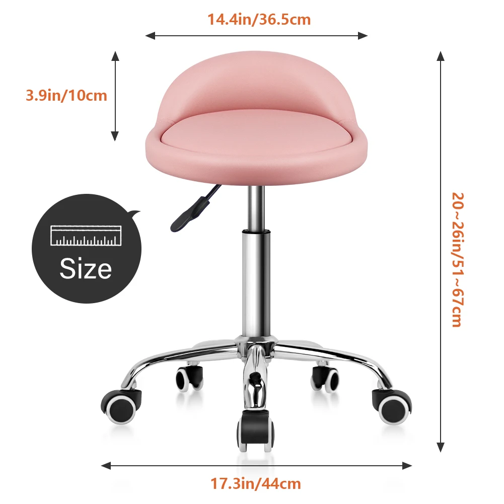 KKTONER PU Leather Round Rolling Stool with Back Rest Height Adjustable Swivel Drafting Work SPA Task Chair with Wheels