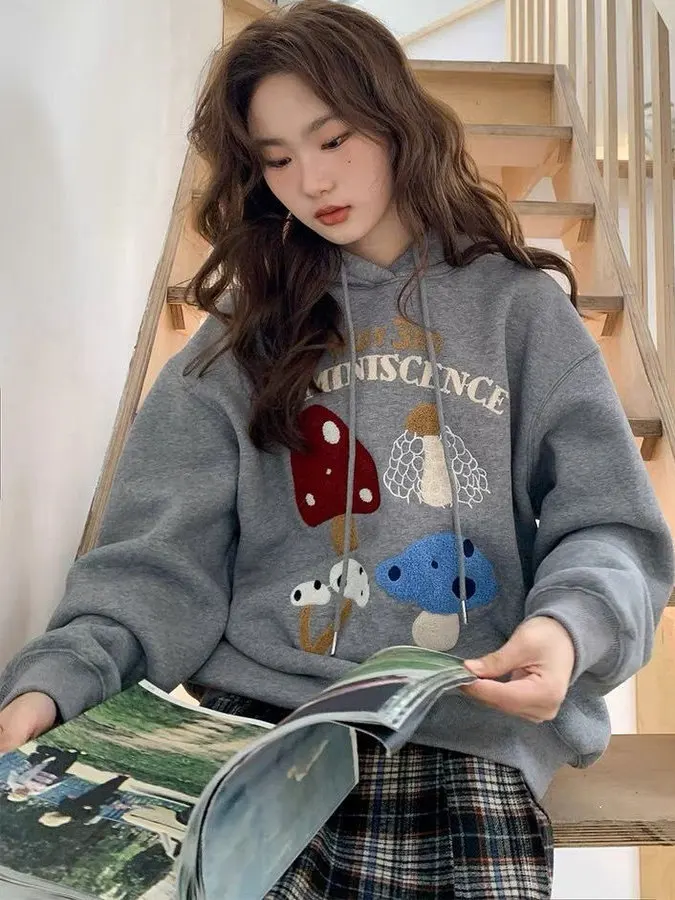 

plus Size 300 Pounds Fun Design Embroidered Fleece Hoodie Women's Winter Versatile Anti-Aging Jacket Casual Loose Fit Long Sl...