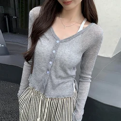 2024 New Knit Cardigan Women Sexy V Neck Long Sleeve Knitted Sweater Coat Korean Style Vintage Slim Cardigan