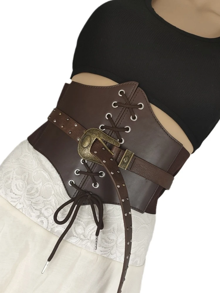 Leather splicing fashionable spicy girl belt waist seal for women's outdoor wear versatile wide waist seal decoration