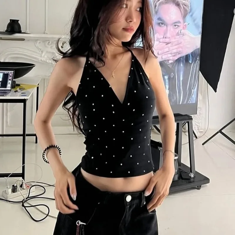 Polka Dot Print Tank Tops Women V-Neck Halter Lace-Up Backless Sleeveless Skinny Sexy Daily Street Summer Basic Vest