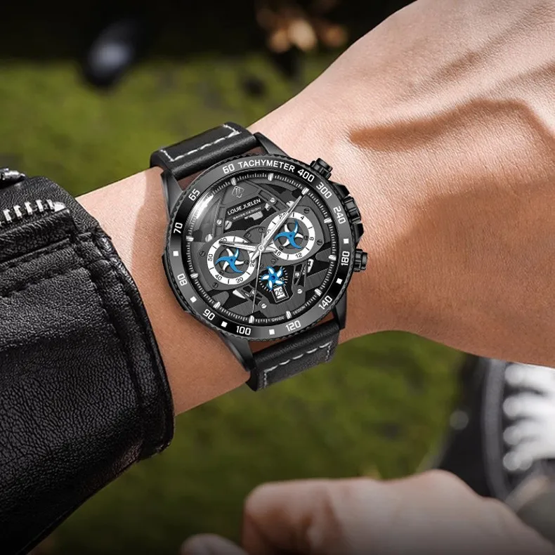 Men Chronograph Quartz Watch 3 Dials 6 Hands Luminous 30M Waterproof Mineral Glass Leather Strap Sport Male Wrist Watch