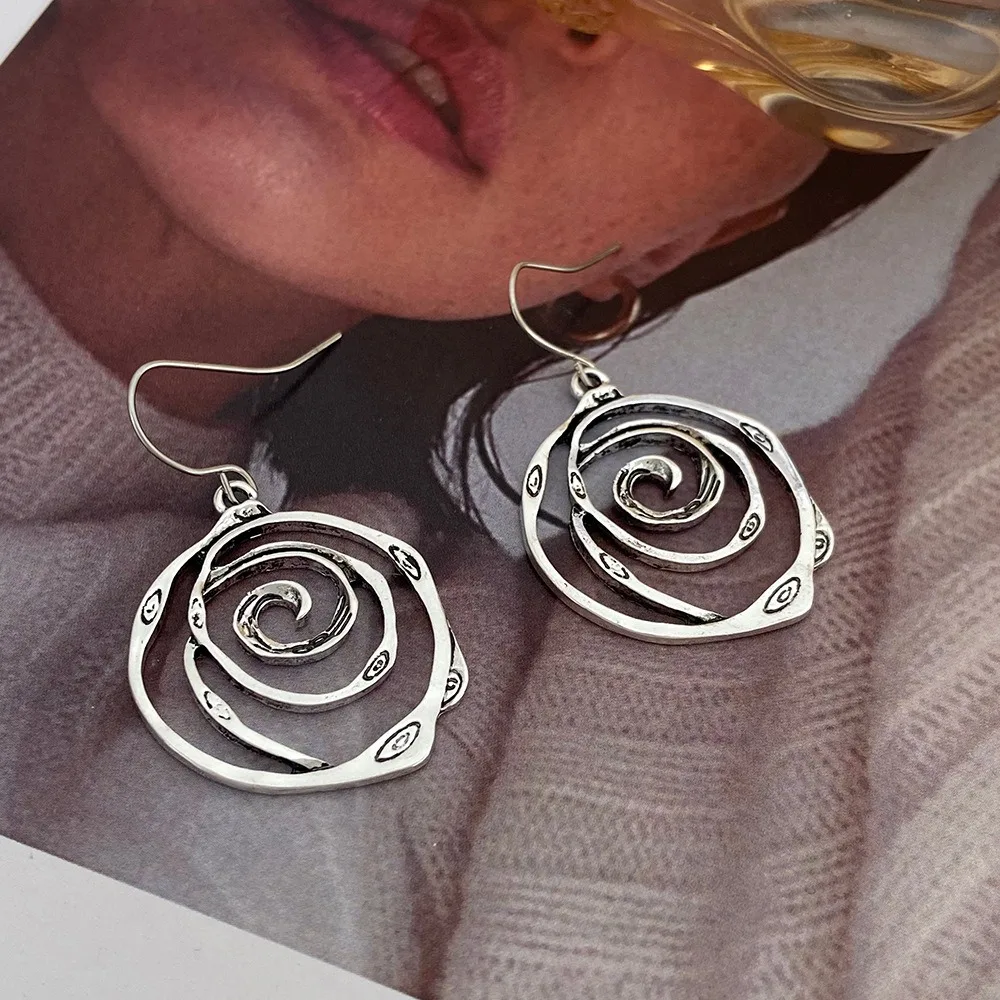 Retro Trendy Silver Color Hollow Circle Vortex Abstract Line Evil Eye Black Dangle Earrings for Women Punk Artistic Jewelry Gift