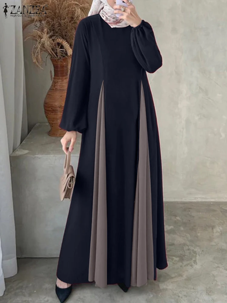 ZANZEA Islamic Long Sleeve Abaya Robe Muslim Women O Neck 2024 Fall Maxi Dress Color Block Patchwork Fake Two-Piece Long Dresses