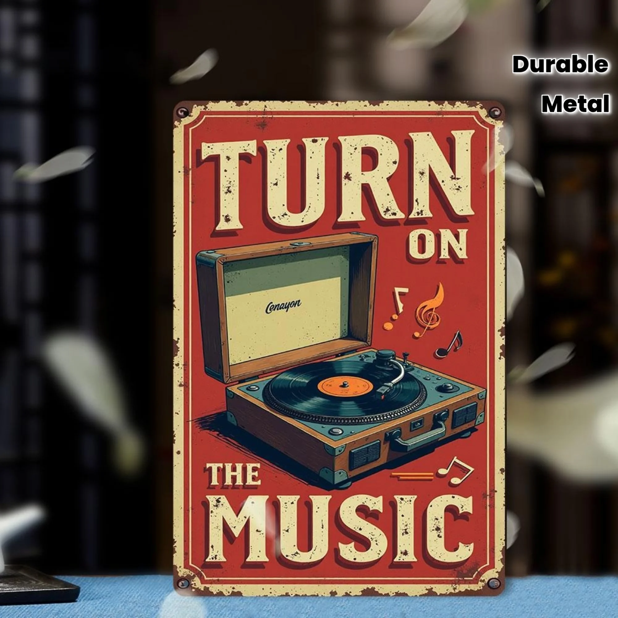 2D Flat Retro Music Wall Decor - Vintage Vinyl Record Player and Musical Notes Metal Iron Sign, Suitable for Home, Office, Cafe