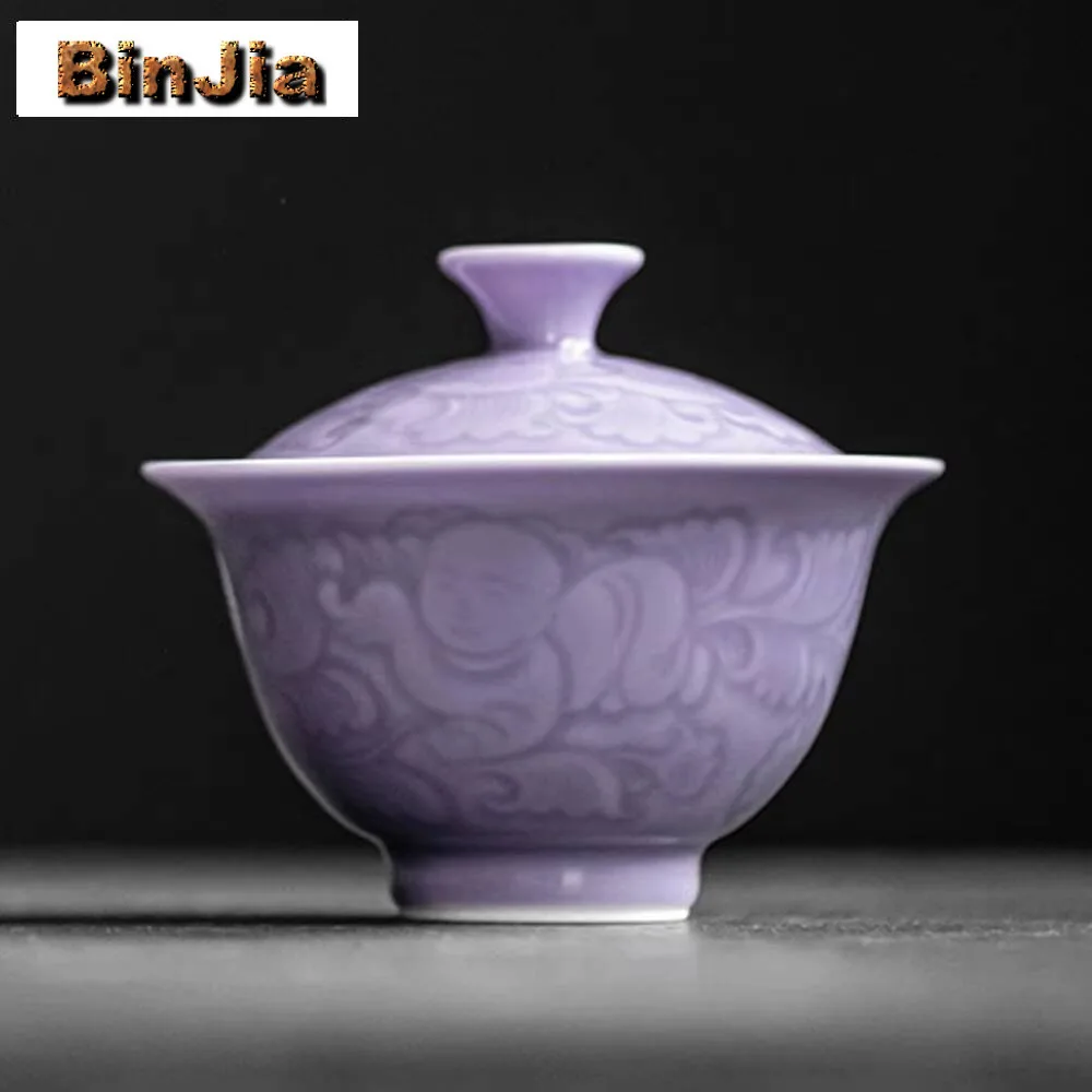 

130 мл рельефный пион ручной работы Gaiwan элегантный Yue Kiln Celadon чайная варень чайник крышка чаша крышка чайный набор аксессуаров коллекция