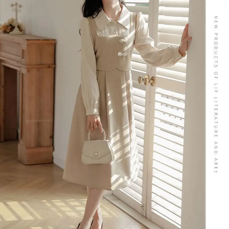 Large Size Premium Retro Style Chinese Two-piece Spliced Long Sleeved Dress New Slimming French Dress for Women