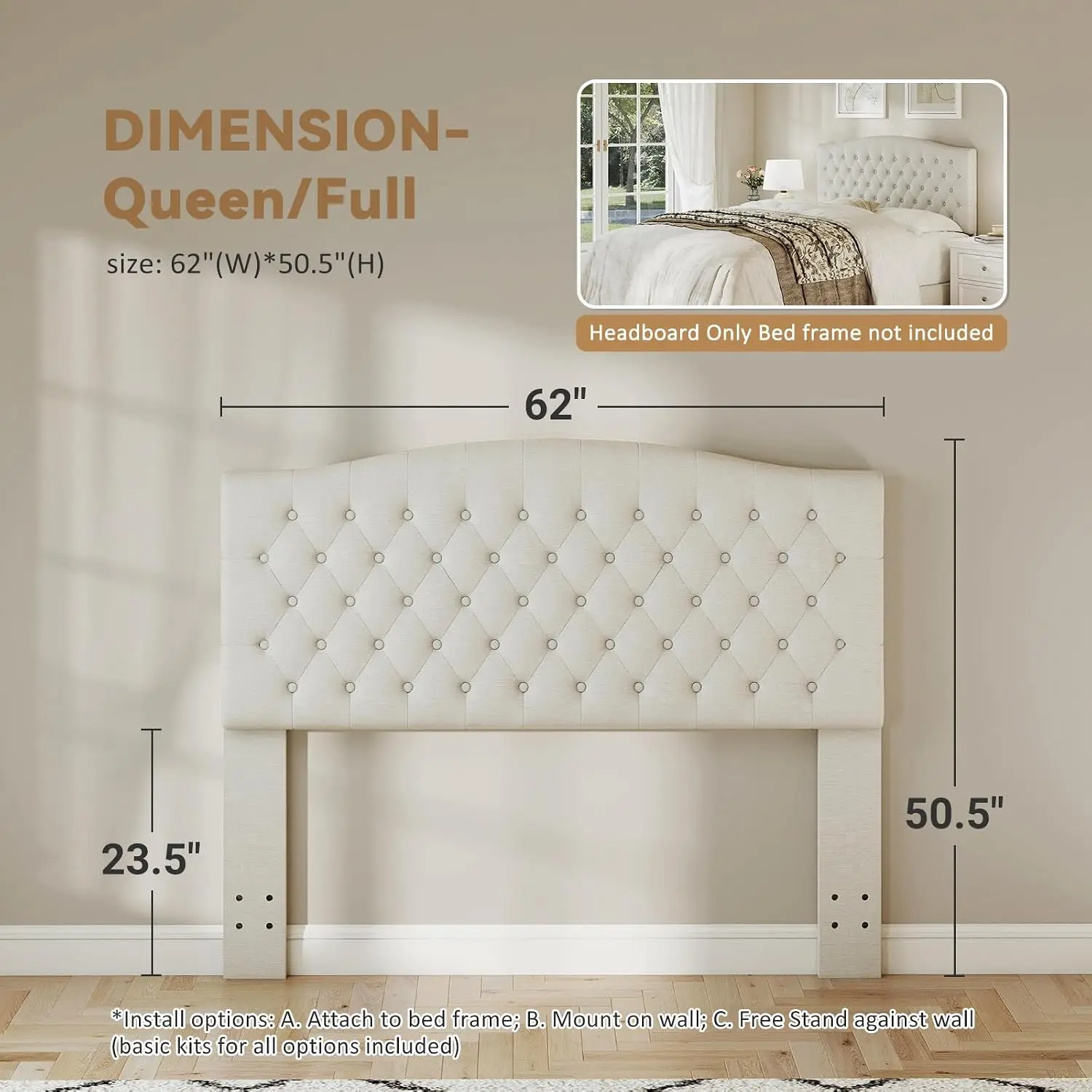 Queen Size Headboard Only, Classic Tufted Linen Design in Ivory