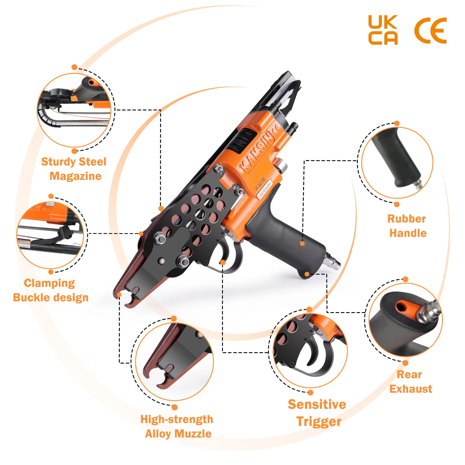 KAMSIN K-SC7E 15GA 3/4 "Crown C Ring Air Nail Gun, Pistola de anel de porco industrial para assentos de carro, fixação de mola de sofá, gaiolas para animais de estimação