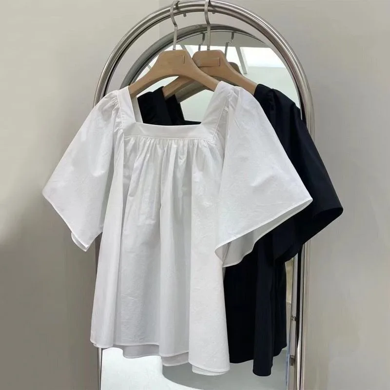 Square Collar Shirts and Blouses Korea Summer Top Women 2024 Elegant and Youth Woman Blouses Solid Fashion Short Sleeve Clolthes