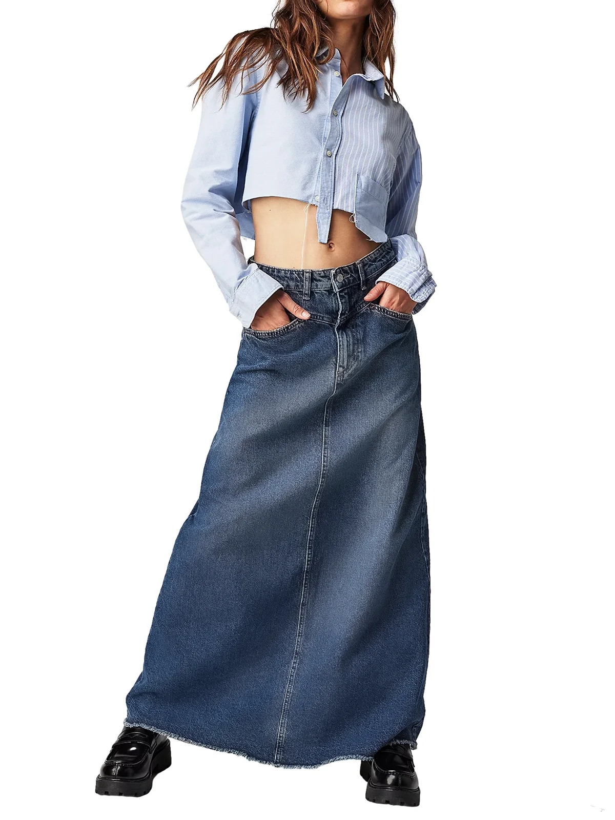 Vintage A-Line Denim Skirt For Women Casual High Waist Frayed Hem Jean Long Skirts With Pockets Fashion Streetwear Y2k Clothes