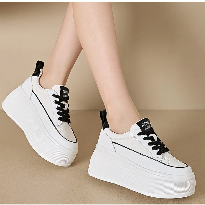 Fujin 8cm Cow Genuine Leather Platform Wedge Flats Vulcanize Comfy Breathable Spring Autumn Chunky Sneakers White Casual Shoes