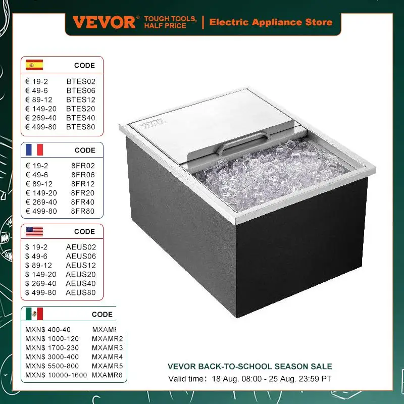 VEVOR Drop in Ice Chest Stainless Steel Ice Cooler Commercial Ice Bin with Sliding Cover Outdoor Kitchen Ice Bar