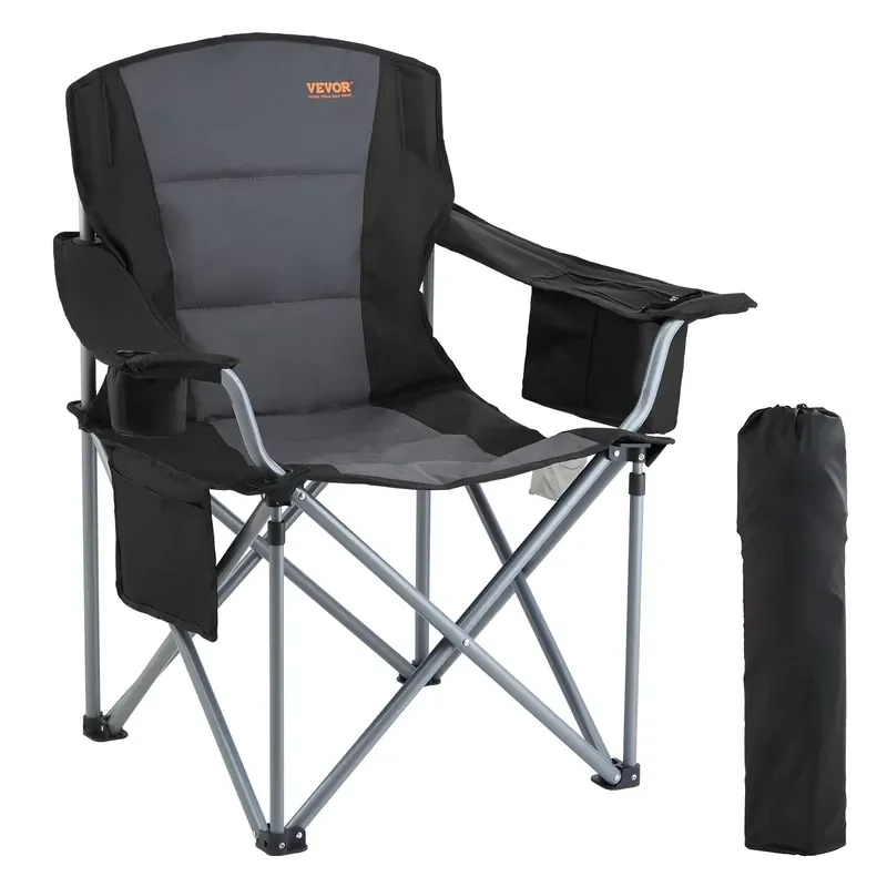 Camping Folding Chair for Adults Portable Quad Chair with Lumbar Support Padded Armrest Side Pockets for Beach Lawn
